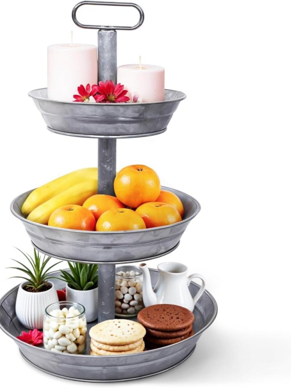 3-Tier Metal Serving Tray Stand - Galvanized Steel Centerpiece for Fruit